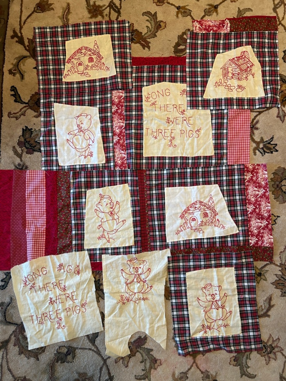 Patchwork quilt Redwork Three Little Pigs Quilt Squares in Red Plaid